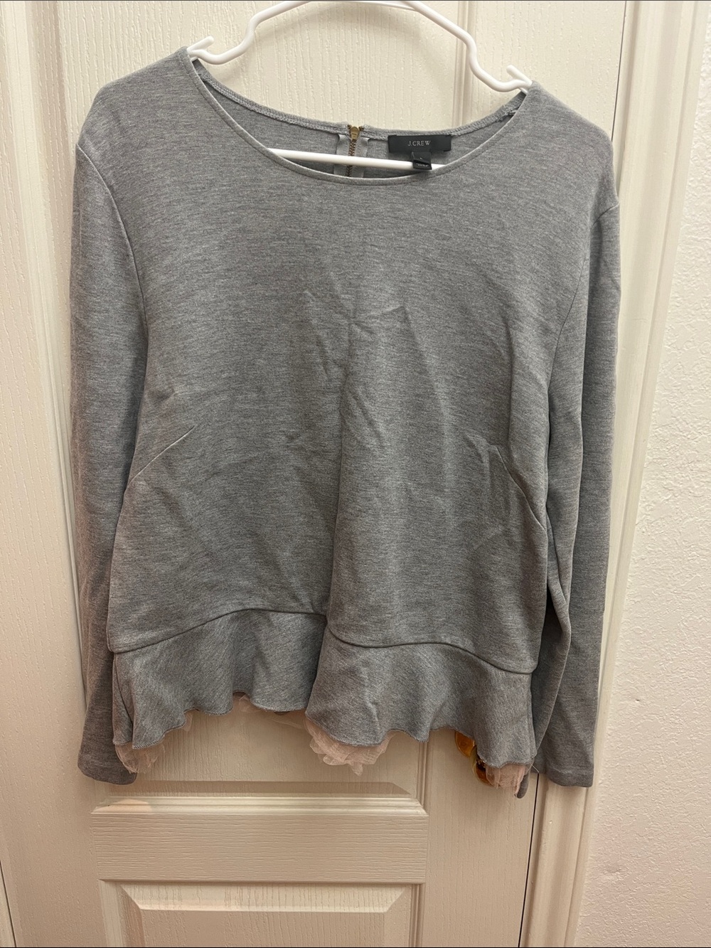 J. Crew Light Gray Ruffle-Hem Long Sleeve Sweatshirt